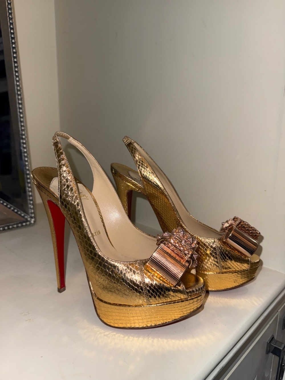 Rose Gold Platform Slingback Peep-Toe Christian Louboutin Heels with Metal Bow